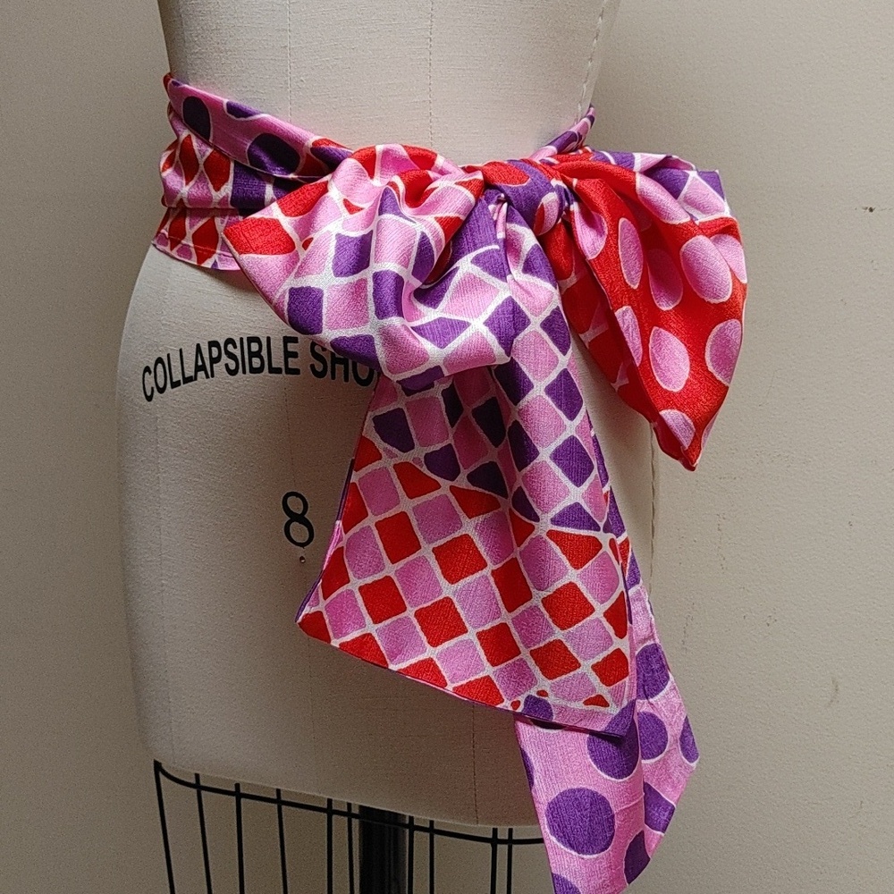 Vintage Sash Scarf Wrap in Circle Diamond Square Print Pink Purple Orange White - Picture 10 of 16